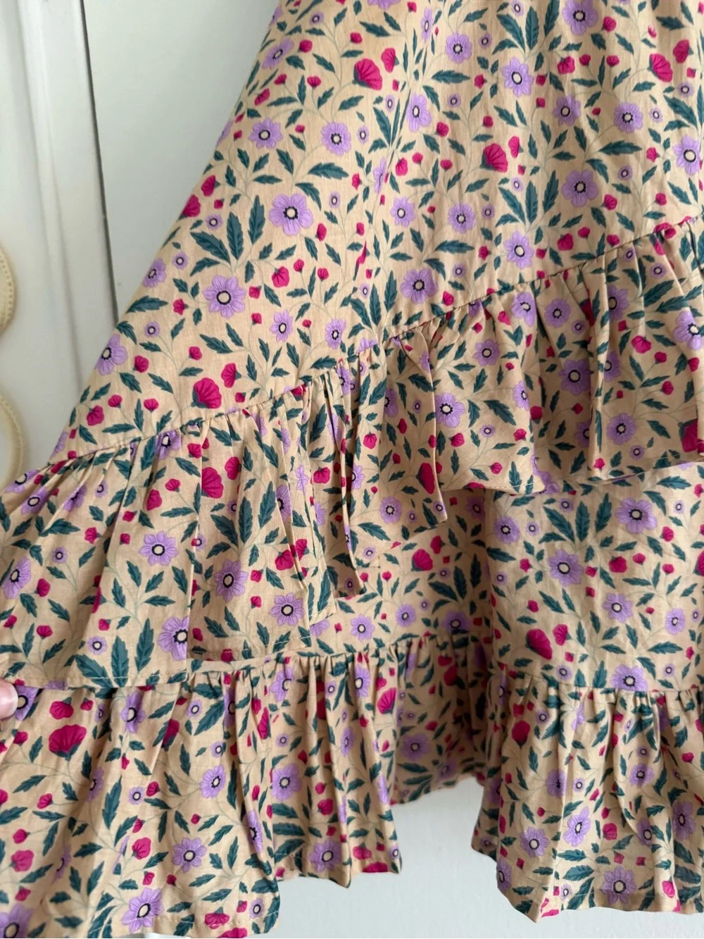 Janie & Jack Girls Floral Ruffle Dress in Beige with Pink & Purple Accents